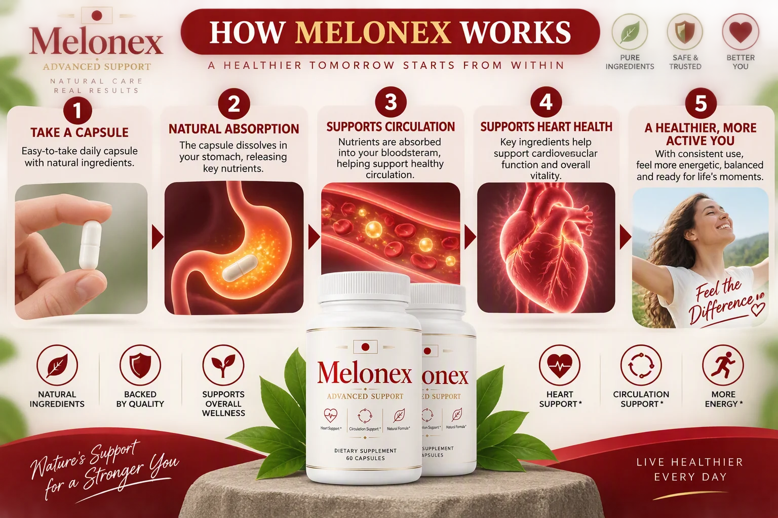 How Melonex works — take a capsule, natural absorption, supports circulation, supports heart health, a healthier more active you